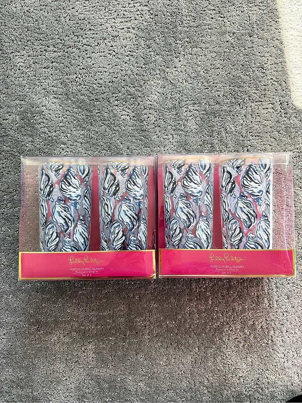 New Lilly Pulitzer Acrylic Hi-Ball Glasses featured in Drop In set of four